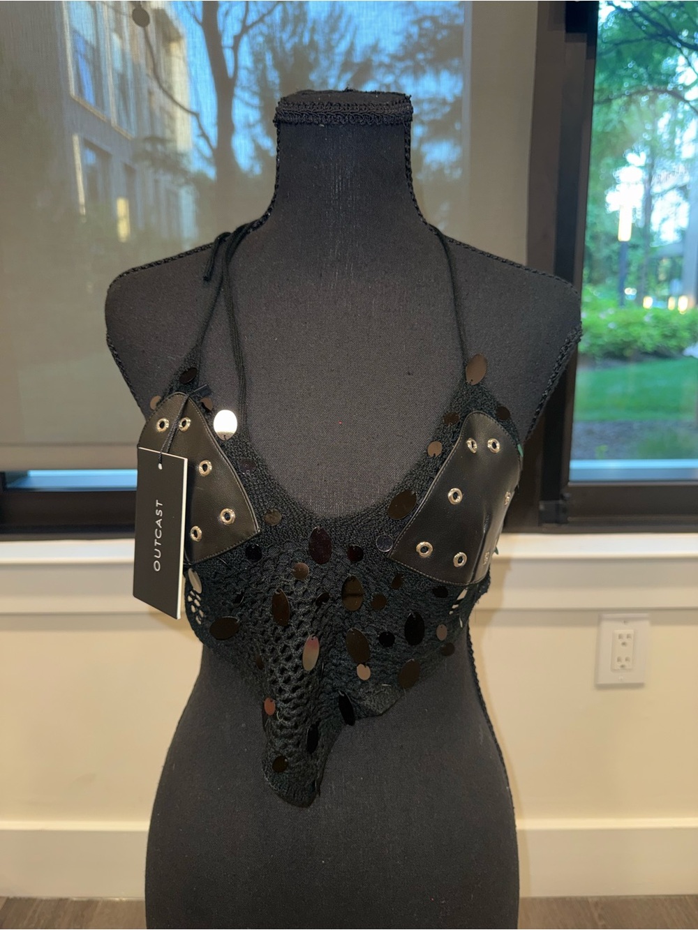 Outcast Black Crochet Halter Top with Mirror Discs
